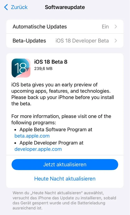 福海苹果手机维修分享苹果 iOS / iPadOS 18 开发者预览版 Beta 8 发布 